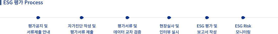 ESG 평가 Process: 평가공지 및 서류제출 안내 ▶ 자가진단 작성 및 평가서류 제출 ▶ 평가서류 및 데이터 교차 검증 ▶ 현장실사 및 인터뷰 실시 ▶ ESG 평가 및 보고서 작성 ▶ ESG Risk 모니터링